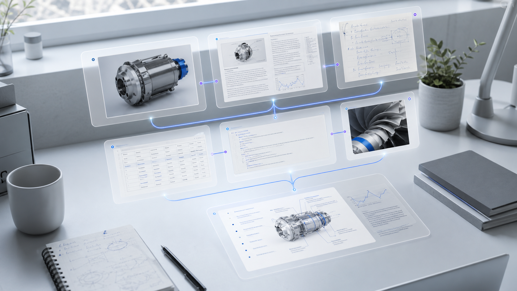 Documents, product images, tables, code and handwritten notes aligned inside a single AI workspace