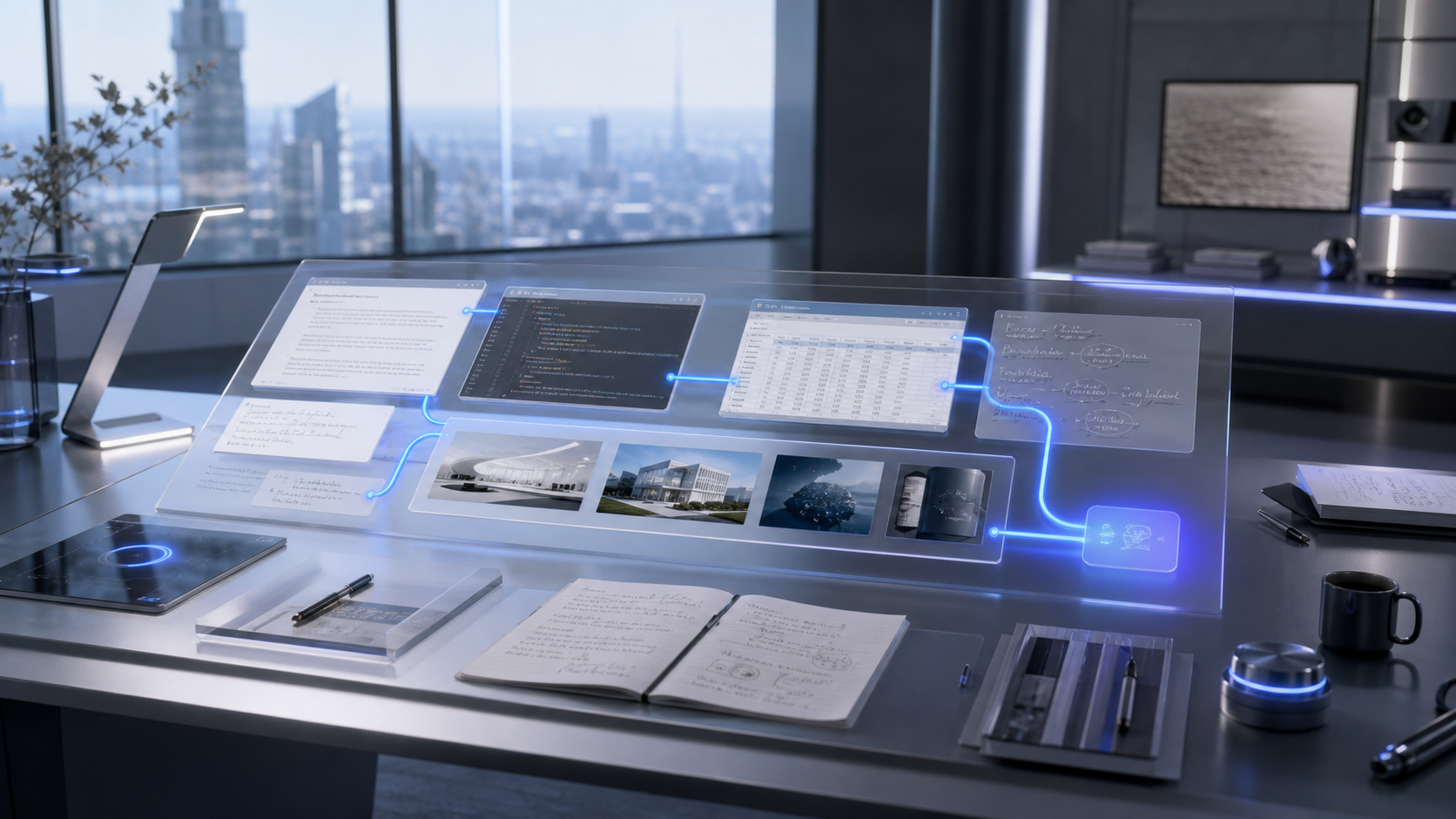 A luminous AI workspace connecting documents, code, tables, images and notes into one decision surface