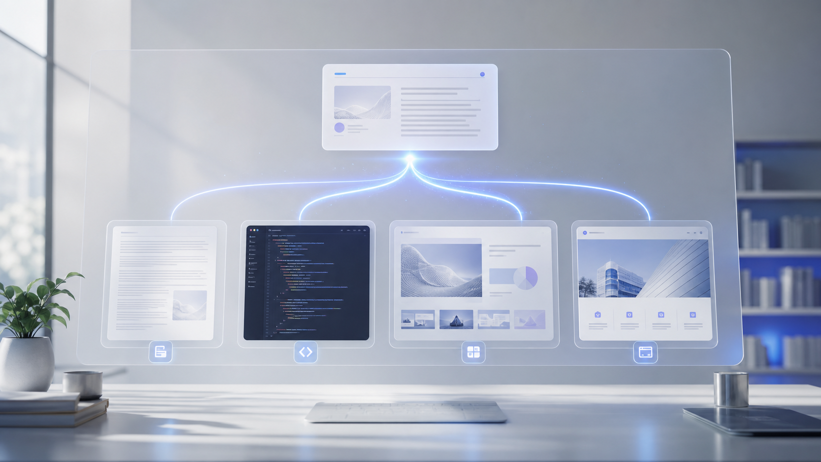 One source brief branching into document, code, slide and website output panels